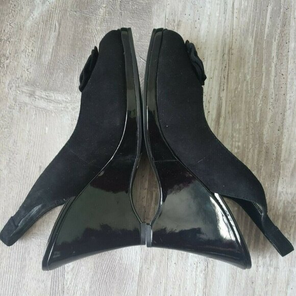Coldwater Creek Suede Rose Sling Wedge Peep Toe Sandals Womens 8.5 Black NEW - Picture 5 of 14